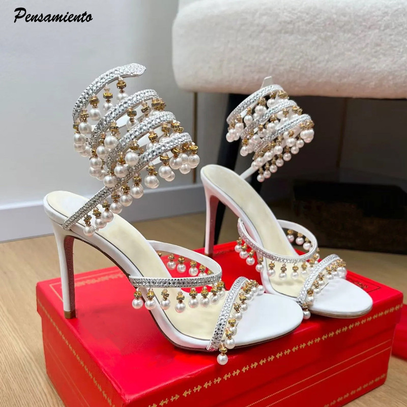 Luxury Lifestyle Shoes - Lüks Rhinestones İnciler Püsküller Kadın Gladyatör